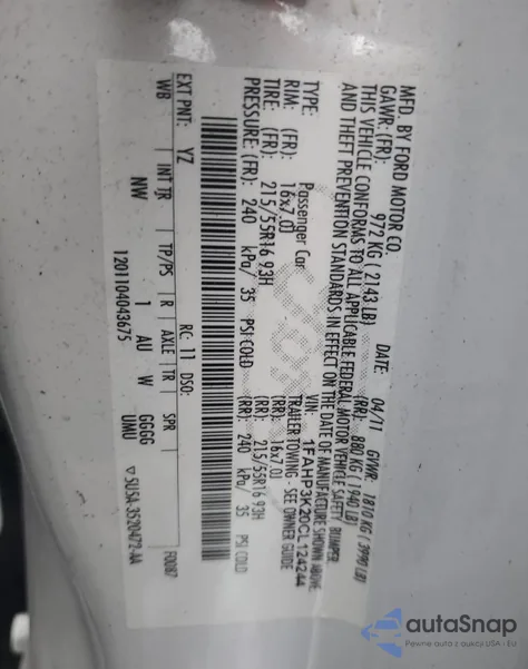 2012 Ford Focus Se z USA, uszkodzony, nr VIN 1FAHP3K20CL124244